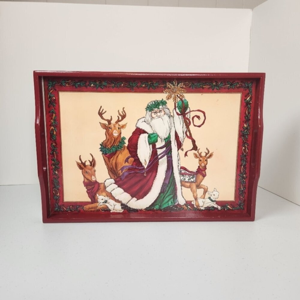 Father Christmas Vintage Red Serving Tray Holiday Home Decor 80s 90s Santa Holly